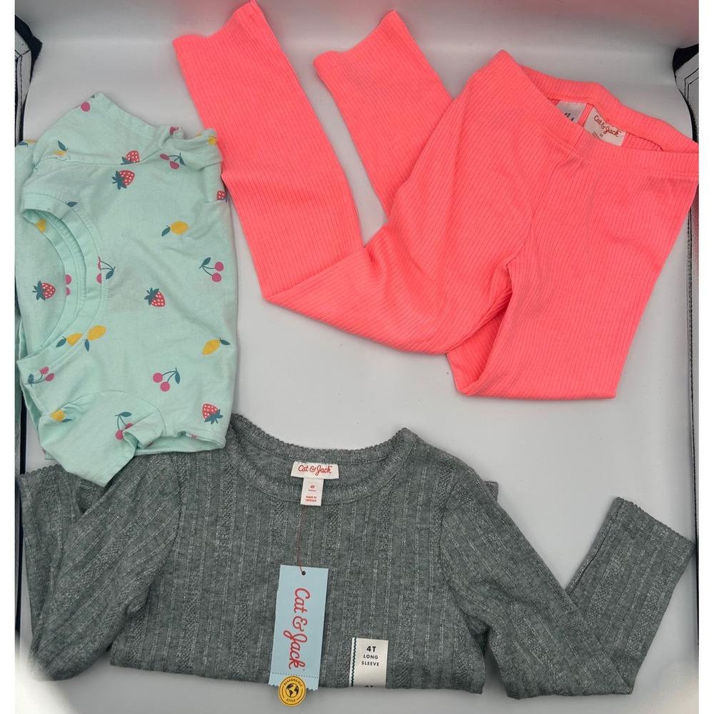 Cat & Jack Girls 3pc Bundle Ribbed Top Leggings Fruit Tee Grey Pink 3T 4T 5T NWT